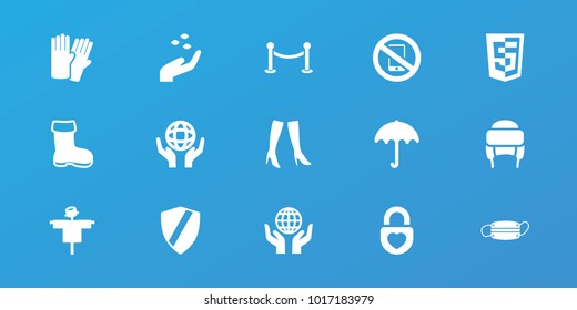 Editable 15 protection icons: boot, hand with seeds, scarecrow, umbrella, glove, woman boots, winter hat, shield, holding globe, heart lock, medical mask, fence