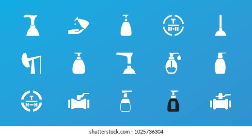 Editable 15 pump icons: soap, plunger, bottle soap, pump, cargo terminal, oil derrick