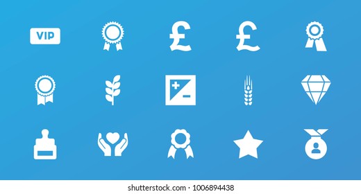 Editable 15 quality icons: stamp, award, pound, hands holding heart, star, ribbon, light exposure, wheat, vip, medal