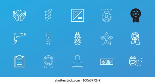 Editable 15 quality icons: wheat, vip, hair dryer, award, honeycomb, hands holding heart, clipboard, light exposure, star, medal