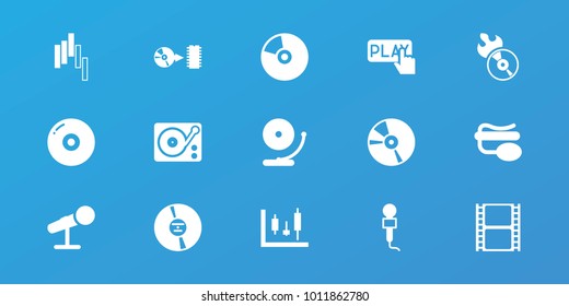 Editable 15 record icons: disc, panel control, movie tape, disc flame, microphone, pin microphone, cd, gramophone, finger pressing play button