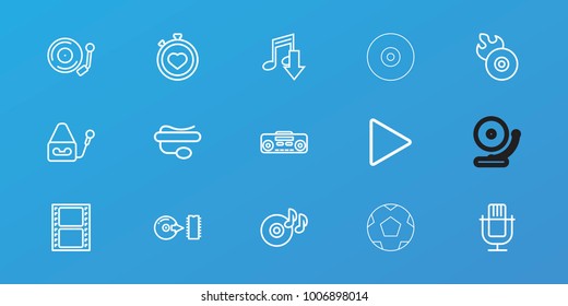 Editable 15 record icons: eating mouth, microphone, stopwatch, movie tape, disc on fire, disc flame, pin microphone, play, record player, disc