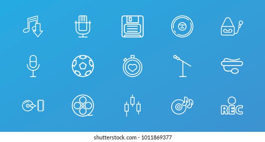 Editable 15 record icons: movie tape, eating mouth, microphone, control panel, stopwatch, disc on fire, pin microphone, rec, diskette, cd