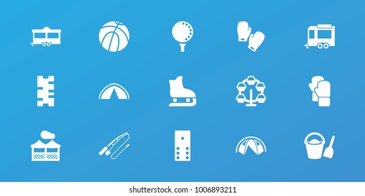 Editable 15 recreation icons: basketball, domino, carousel, trailer, pergola, golf ball, boxing gloves, tent, bucket and shovel, ice skating