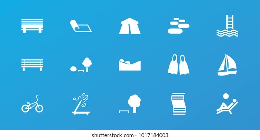 Editable 15 relaxation icons: tent, aroma stick, tree and bench, sailboat, bench, bicycle, flippers, man laying in the sun, spa stone, carpet, fitness carpet