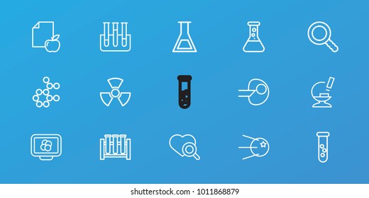 Editable 15 research icons: test tube, paper and apple, heart search, core, atom, atom on display, microscope, search