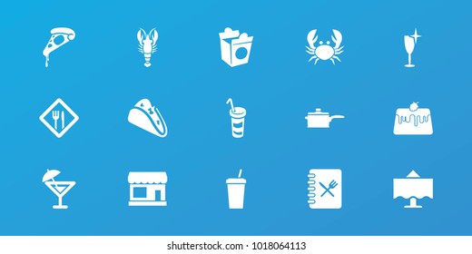 Editable 15 restaurant icons: store, clean wine glass, taco, pizza, take away food, drink, restaurant table, restaurant, menu, pan, cocktail, crab