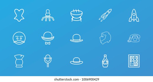 Editable 15 retro icons: rocket, hat, brush, corset, woman hat, abacus, emot with mustache, barbecue, maple syrup, microphone, hat and moustache, lion