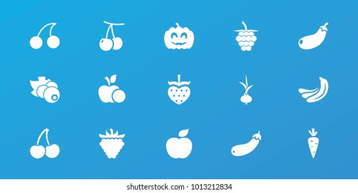 Editable 15 ripe icons: cherry, banana, cherry, raspberry, aubergine, pumpkin haloween, currant, onion, carrot, eggplant, apple