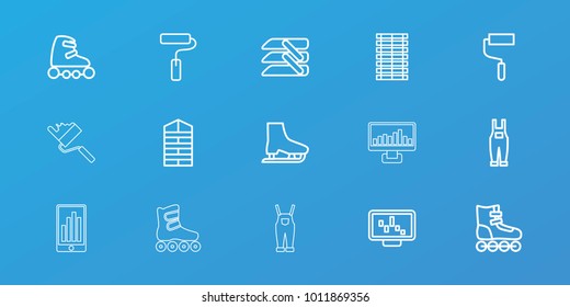 Editable 15 roller icons: shutter blinds, roller, graph on display, roller skate, gardener jumpsuit, blinds, ice skate