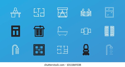 Editable 15 room icons: plane seats, shower, window, man working at the table, meeting, plan, door