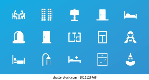 Editable 15 room icons: plane seats, door, shower, maid, table lamp, bed, medical bed, opened door, meeting, plan