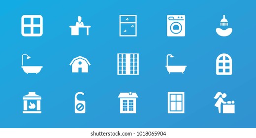 Editable 15 room icons: window, barn, shower, man working at the table, washing machine, baby changing room, plane seats, do not disturb