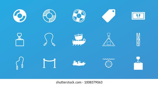 Editable 15 rope icons: tag, red carpet barrier, foot carpet, hook with cargo, lifebuoy, water military, cloth pin