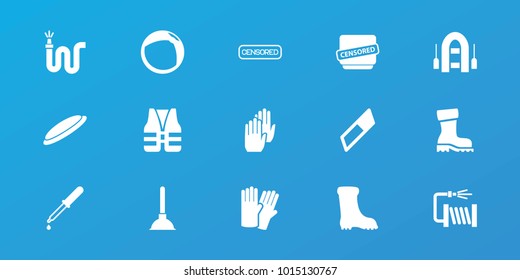 Editable 15 rubber icons: glove, boot, eraser, water hose, pipette, censored, life vest, beach ball, plunger, inflatable boat
