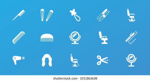 Editable 15 salon icons: comb, barber chair, sawing, hair barrette, scissors, mirror, hair dryer, hairstyle