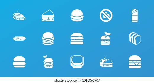 Editable 15 sandwich icons: burger, bread slices, burger with sausage, cheeseburger, burrito, sandwich and apple