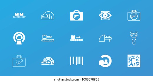 Editable 15 scan icons: briefcase with weapon, qr code, mri, bar code, luggage scan, eye scan