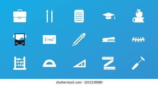 Editable 15 school icons: abacus, pen, protractor, apple on book, board with formulas, notebook, medical hammer, stapler, airport bus, triangle ruler, graduation hat, case