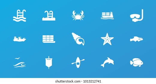 Editable 15 sea icons: crab, underwater mask, cargo ship, swimming pool, starfish, sea and gull, rowing boat, shell, dolphin, extinct fish, sail, water military