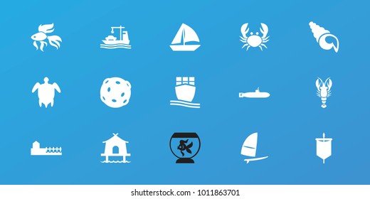 Editable 15 sea icons: sailboat, cargo ship, avenue, windsurfing, turtle  illsutration, tent, shell, extinct sea creature, sail, submarine, crab, fish