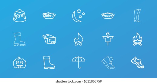 Editable 15 seasonal icons: scarecrow, boot, umbrella, bonfire, pie, moon and stars, pumpkin haloween