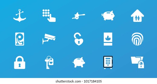 Editable 15 security icons: money box, hand on atm, lock, anchor, folder protection, family home, fire protection, fingerprint, security camera, hard disc, cannon, safe