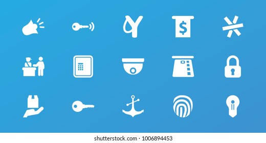 Editable 15 security icons: pass control, atm, sligshot, money in atm, key, lock, credit card in atm, anchor, cargo protection, keyhole, siren, fingerprint, wire fence