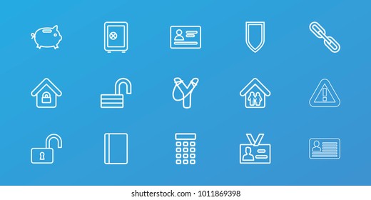 Editable 15 security icons: passport, safe, opened lock, money box, sligshot, chain, badge, lock home, family home, intercom, shield