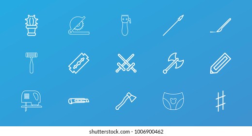 Editable 15 sharp icons: pencil, razor, sword, scalpel, musical sharp, cutter, cactus, axe weapon, spear, diaper, electric razor, circular saw