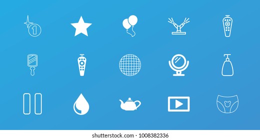 Editable 15 shiny icons: mirror, remote control, play, drop, soap, pause, watering system, teapot, balloon, star, children panties, explosion