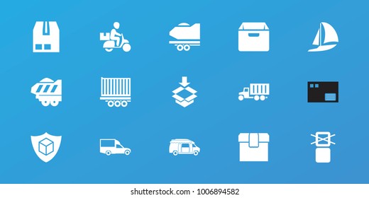 Editable 15 shipping icons: van, cargo only in box allowed, cargo container, box, truck, parcel, sailboat