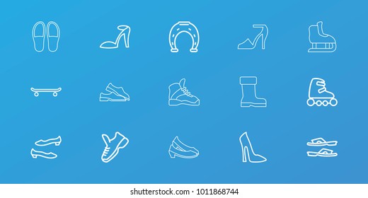 Editable 15 shoe icons: woman shoe, heel sandals, slippers, shoe, horseshoe, skating, skate rollers, trainers, boot