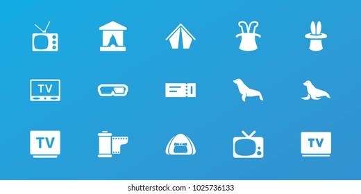 Editable 15 show icons: ticket, seal, magic hat, 3d glasses, stage, tent, tv, camera tape
