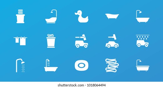 Editable 15 shower icons: shower, soap, cloth hanging, car wash, towels, bath