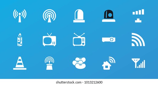 Editable 15 signal icons: signal, cone, tv, home connection, candle, tv, siren, router