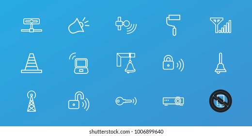 Editable 15 signal icons: signal tower, cone, roller, camera, bell, security lock, opened security lock, siren, key, router