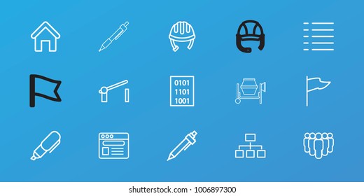 Editable 15 site icons: house building, helmet, pen, flag, structure, group, browser, menu, barrier, binary code