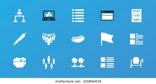 Editable 15 site icons: pen, menu, hot dog, group, home, structure, food, binary code, concrete mixer, flag, laptop with heart