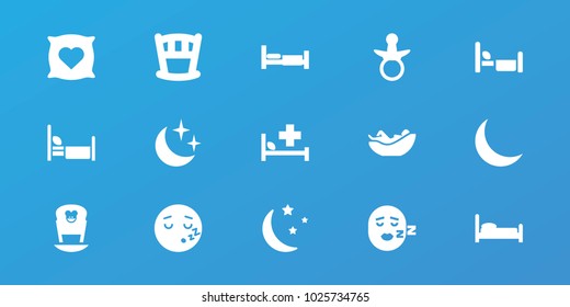 Editable 15 sleep icons: bed, pacifier, pillow with heart on it, sleeping emot, baby bed, moon and stars, crescent, woman in hammock
