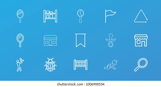 Editable 15 small icons: baby bed, mirror, flag, father with baby, ladybug, cargo barn, triangle musical instrument, shop, pacifier, baby crawl