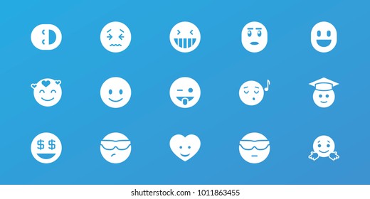 Editable 15 smile icons: smiling emot, laughing emot, emoji showing tongue, emoji listening music, graduate emoji, dollar smiley