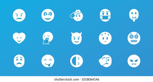 Editable 15 smiley icons: angry emot, sweating emot, shocked emoji, heart face, smiley, emoji in mask