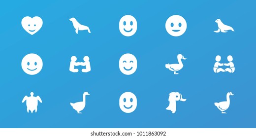 Editable 15 smiling icons: goose, seal, smiling emot, baby playing with another baby, heart face