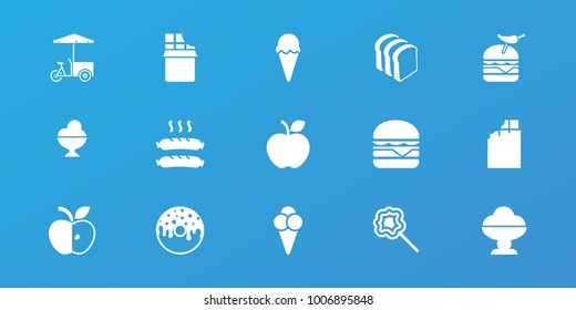 Editable 15 snack icons: chocolate, ice cream, donut, bread slices, burger with pepper, cheeseburger, fast food cart, lollipop, sausage