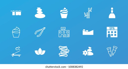 Editable 15 spa icons: spa bag, cream, bamboo, pipette, lotus, aroma stick, towels