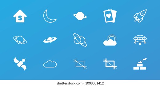 Editable 15 space icons: playing card, planet, sun, crop, buying a house, planet and satellite, ufo, crescent, cloud, rocket, brick wall