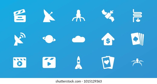 Editable 15 space icons: satellite, pllaying card, playing card, rocket, planet, movie clapper, cloud, buying a house