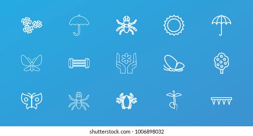 Editable 15 spring icons: tree, umbrella, butterfly, beetle, plowing tool, sprout, sun, flower
