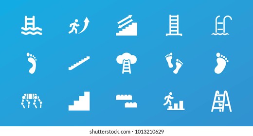 Editable 15 step icons: ladder, stairs, foot print, swimming ladder, stair, man going up, ladder to the sky, foot